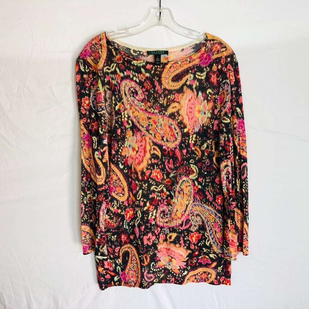 Lauren Ralph Lauren 100% Silk Paisley Long Sleeve Tight Knit Thin Top Shirt